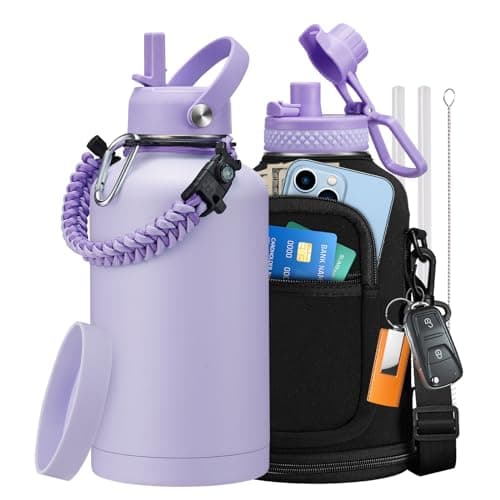 Thermo Mug Water Bottle with Straw & Auto Spout, Paracord Handle & Strap Carrier — Lilac Purple