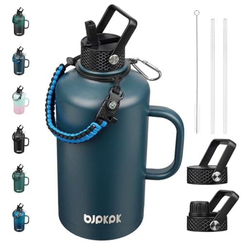 BJPKPK Insulated Water Bottles, Half Gallon, Straw Lid, 64oz, 128oz, Paracord Handle, Stainless Steel — Navy Blue