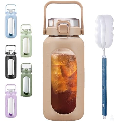 BLUEGO 64oz Large Glass Water Bottle with Straw & Time Marker, White — Amber