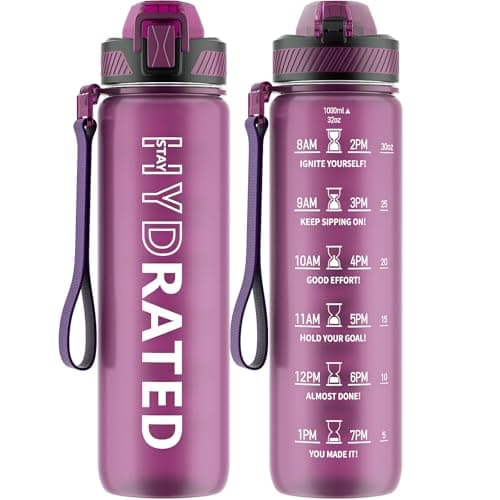 32oz Tritan BPA Free Water Bottle with Straw and Time Marker for Fitness — Rose Red