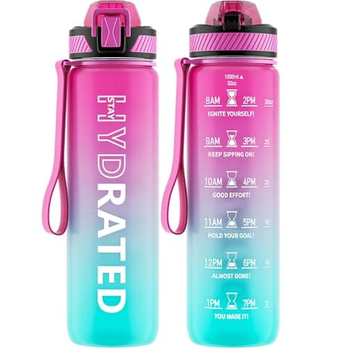 32oz Tritan BPA Free Water Bottle with Straw and Time Marker for Fitness — Purple Green