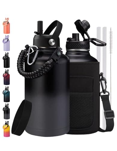 128 oz Insulated Stainless Steel Water Bottle, Keep Cold 48H, Leak-Proof Lid & Paracord Handle — Black Gray