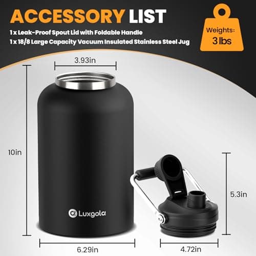 128 oz Insulated Stainless Steel Water Bottle - Sweat Proof, Great for Travel, Hiking & Camping - Black