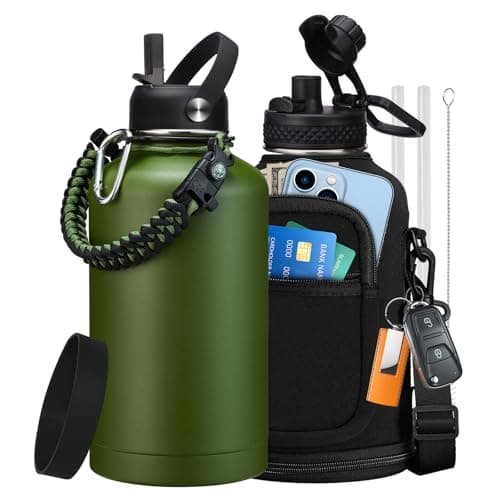 Thermo Mug Water Bottle with Straw & Auto Spout, Paracord Handle & Strap Carrier — Army Green