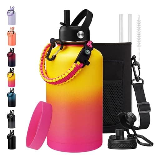 128oz Insulated Stainless Steel Water Bottle - Auto Chug Lid, Straw, Bag, Paracord Handle — Yellow Pink