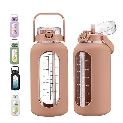 Large Motivational Water Bottle with Time Marker and Silicone Sleeve 2.2L Gym Workout