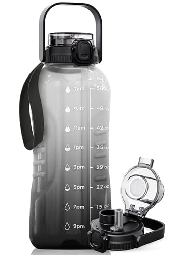 AQUAFIT 128 oz Nebula Water Bottle for Gym with Straw & Chug Lid - BPA Free Timer Marked Anatomical Big Jug with Strap — Midnight Gray