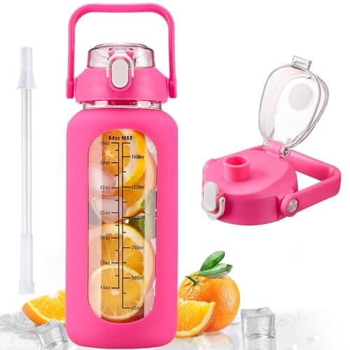 Motivational 64oz Glass Water Bottle with Straw, Silicone Sleeve & Time Marker, Leakproof White Jug for Gym, Home, Offic — Rose red