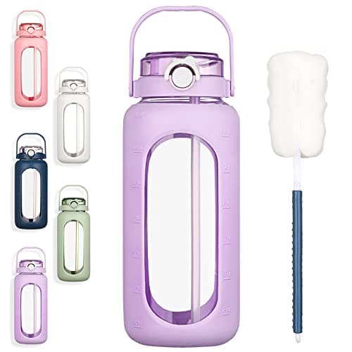 BLUEGO 64oz Large Glass Water Bottle with Straw & Time Marker, White — Purple