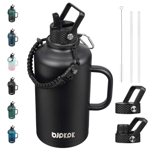 BJPKPK Insulated Water Bottles, Half Gallon, Straw Lid, 64oz, 128oz, Paracord Handle, Stainless Steel — Black