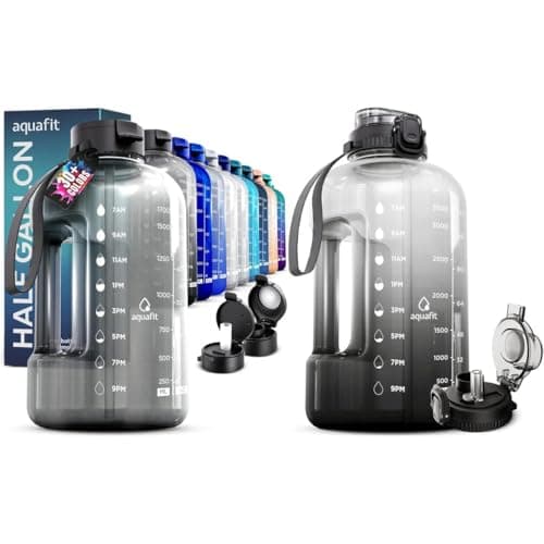 AQUAFIT 2 Pack - 1 Gallon With Time Marker + 64 oz Half Gallon Straw Bottles - BPA Free Gym Bottles