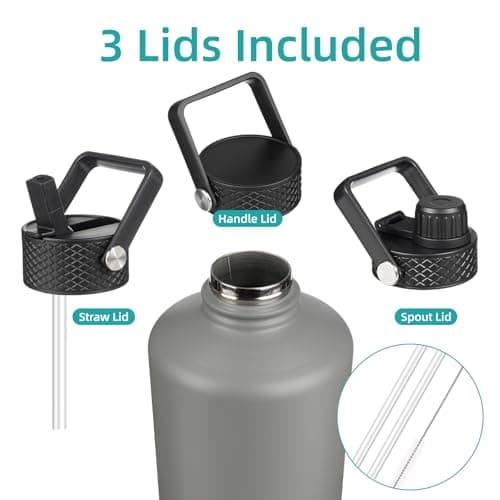 Gray Double Wall Insulated Water Bottle, 128 oz, 3 Lids, Paracord Handle, Carrying Bag