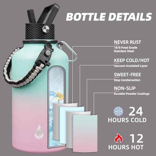 BJPKPK Insulated Water Bottles, Half Gallon, Straw Lid, 64oz, 128oz, Paracord Handle, Stainless Steel