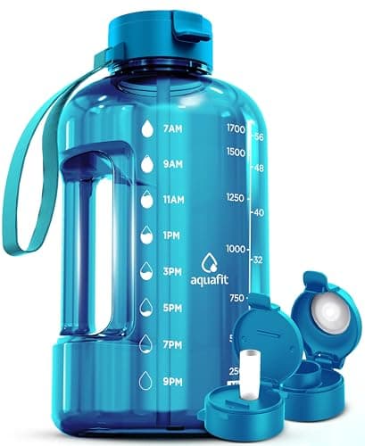 AQUAFIT 64 oz Water Bottle with Time Marker - Gym and Fitness Lovers - Easy Carry with Straw Lid, BPA Free and Half Gallon Capacity (Gray, 64 Ounces)  
AQUAFIT 64 oz Water Bottle with Time Marker - Perfect for Workouts - Large Capacity Straw Bottle w