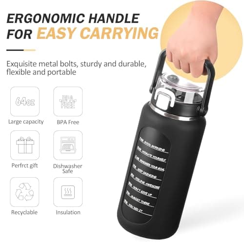 BLUEGO 64oz Insulated Water Bottle, Leakproof Straw Lid, Stainless Steel Gym Travel-Black