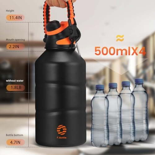 Stainless Steel Insulated Half Gallon Water Bottle, 64oz Magnetic Lid, Insulated Jug with Paracord Handle