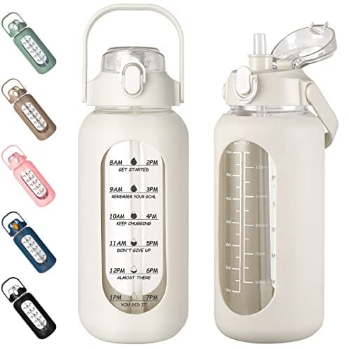 Motivational 64oz Glass Water Bottle with Straw, Silicone Sleeve & Time Marker, Leakproof White Jug for Gym, Home, Offic
