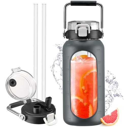 Motivational 64oz Glass Water Bottle with Straw and Stainless Handle — Gray