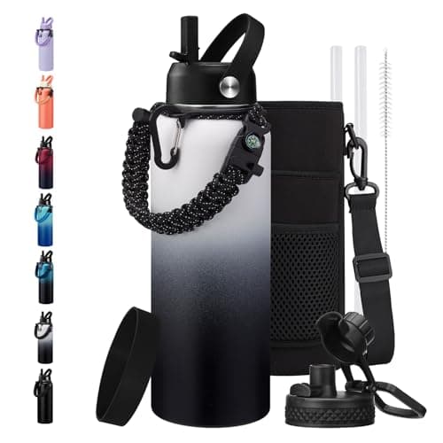 128oz Insulated Stainless Steel Water Bottle - Auto Chug Lid, Straw, Bag, Paracord Handle — White Black