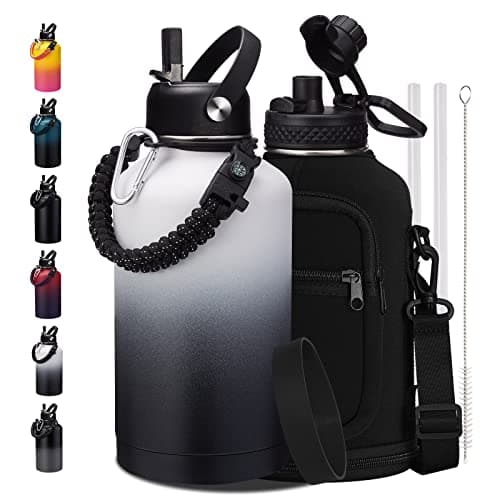 Thermo Mug Water Bottle with Straw & Auto Spout, Paracord Handle & Strap Carrier — Day / Night