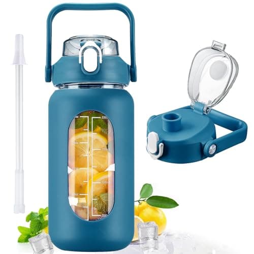 Motivational 64oz Glass Water Bottle with Straw, Silicone Sleeve & Time Marker, Leakproof White Jug for Gym, Home, Offic — Iron Blue
