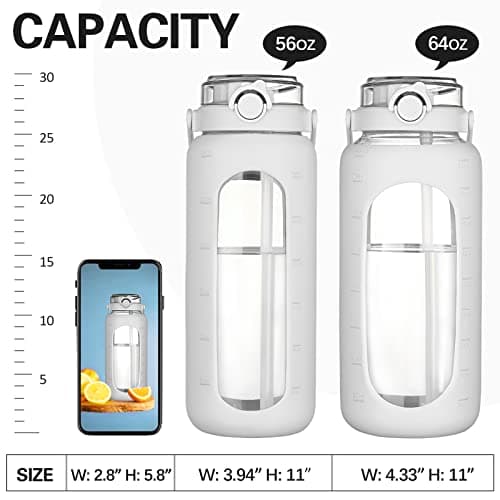 BLUEGO 64oz Large Glass Water Bottle with Straw & Time Marker, White