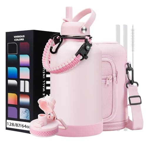1 Gallon Stainless Steel Insulated Water Bottle with Strap & Sleeve, Straw Lid & Boot Protection — Pink