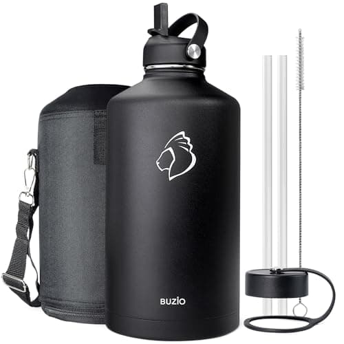 Buzio 1 Gallon Stainless Steel Water Jug, Black Keep Cold 48H & Hot 24H