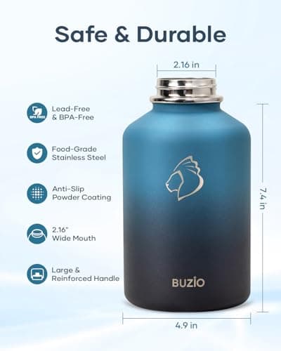 Buzio 64 oz Insulated Water Bottle, Stainless Steel, Straw Lid, Carry Case, Cold 48h, Lead-Free, Indigo Crush