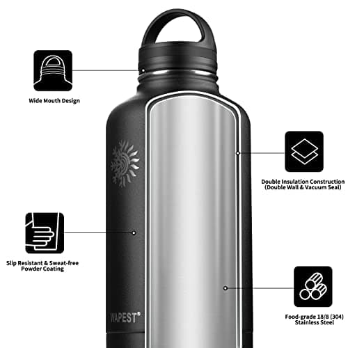 Black & Grey 128 oz Double Wall Stainless Steel Water Bottle with Paracord Handle & Brush, Carrying Pouch & 2 Lids - Gre