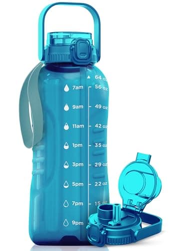 AQUAFIT 128 oz Nebula Water Bottle for Gym with Straw & Chug Lid - BPA Free Timer Marked Anatomical Big Jug with Strap — Aqua