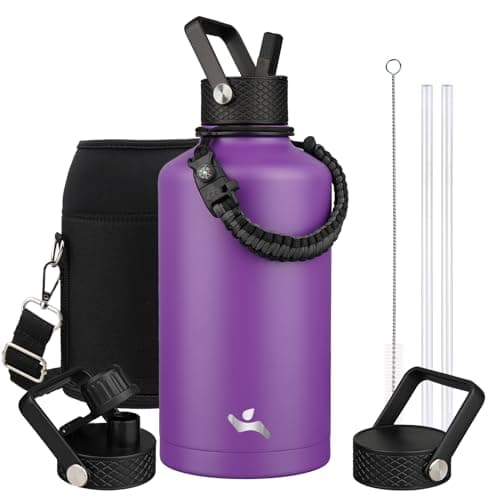 Gray Double Wall Insulated Water Bottle, 128 oz, 3 Lids, Paracord Handle, Carrying Bag — Purple