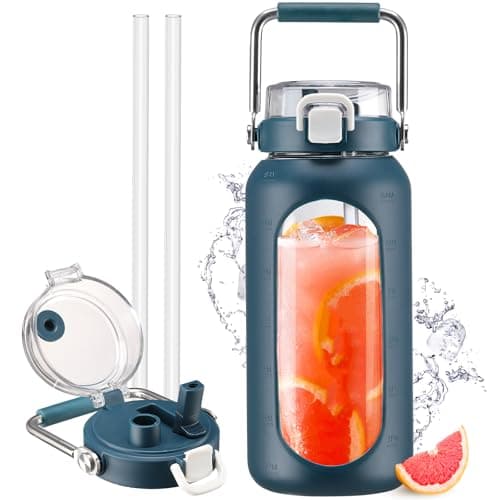 Motivational 64oz Glass Water Bottle with Straw and Stainless Handle — Dark Blue
