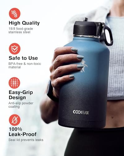 Coolflask Insulated Water Bottle, 64 oz Wide Mouth, Straw & 3 Lids, Keeps Cold 48H, Hot 24H, Samurai Cyan
