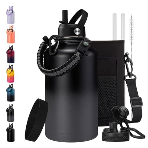 128oz Insulated Stainless Steel Water Bottle - Auto Chug Lid, Straw, Bag, Paracord Handle — Black Gray