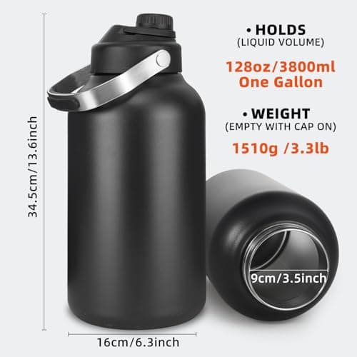 128oz Insulated Stainless Steel Water Bottle, BPA-Free, Black Handle for Sports & Travel