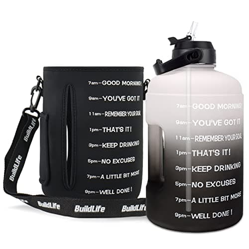 1 Gallon Water Bottle with Straw and Time Marker - Leak-Proof BPA Free Reusable Large Capacity Water Jug — QFC2 Gray/Black with Sleeve