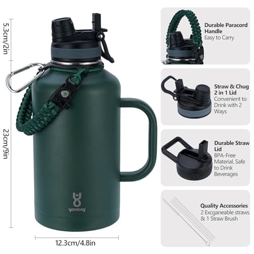 64 oz Insulated Water Bottle with Straw Lid & Handle, Perfect for Hiking & Sports