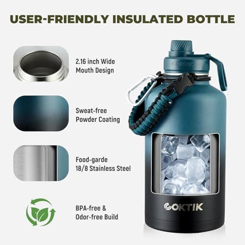 Indigo Black Insulated 64 oz Water Bottle, Triple Wall Stainless Steel, Cold for 48 Hrs, Leak-Proof, BPA-Free