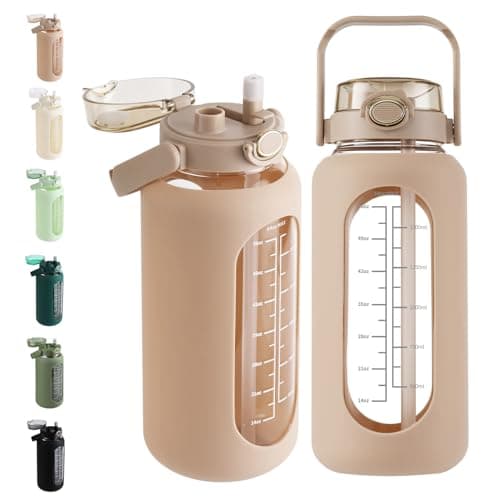 Sierozur 64oz Glass Water Bottle with Straw Lid & Handle Motivational Sleeve Workout Jug