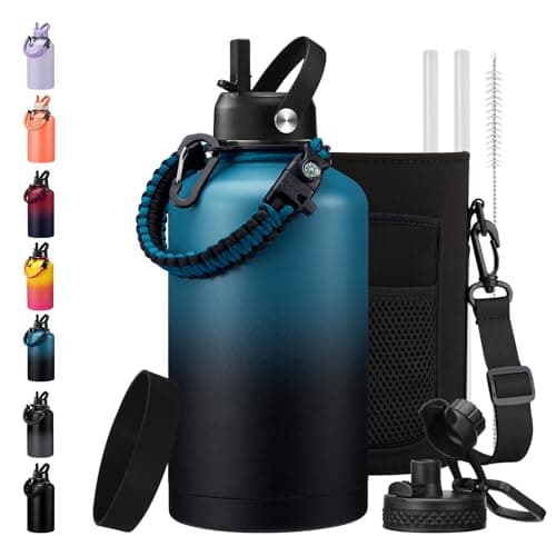 128oz Insulated Stainless Steel Water Bottle - Auto Chug Lid, Straw, Bag, Paracord Handle — Indigo Black
