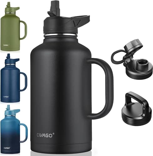 CIVAGO 64 oz Insulated Water Bottle with Straw & Handle, Black