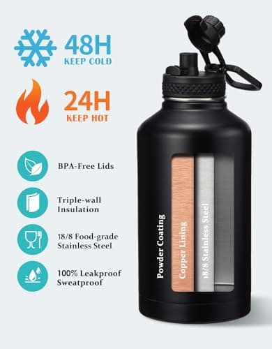 Thermo Mug Water Bottle with Straw & Auto Spout, Paracord Handle & Strap Carrier