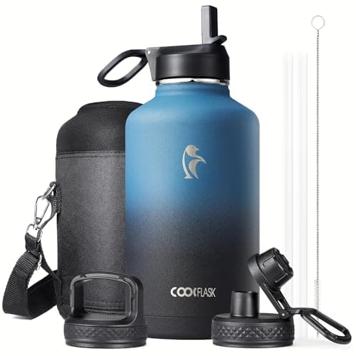 Coolflask Insulated Water Bottle, 64 oz Wide Mouth, Straw & 3 Lids, Keeps Cold 48H, Hot 24H, Samurai Cyan