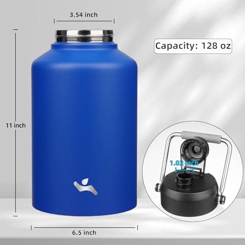 128 oz Insulated Blue Double Wall Stainless Steel Water Bottle with Handle & Pouch
