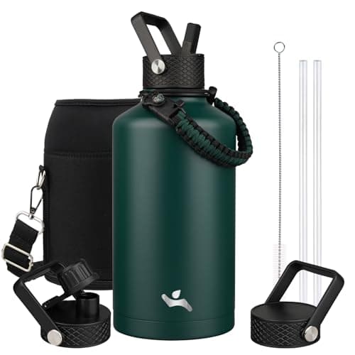 Gray Double Wall Insulated Water Bottle, 128 oz, 3 Lids, Paracord Handle, Carrying Bag — Dark Green