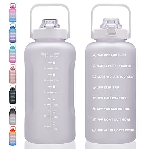 Large Motivational Water Bottle with Time Marker, Leakproof & BPA Free, 64oz-128oz — 128oz-Matte: Purity