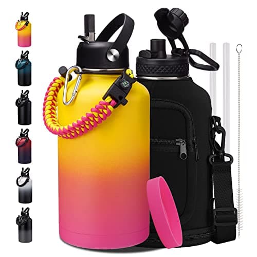 Thermo Mug Water Bottle with Straw & Auto Spout, Paracord Handle & Strap Carrier — Candy