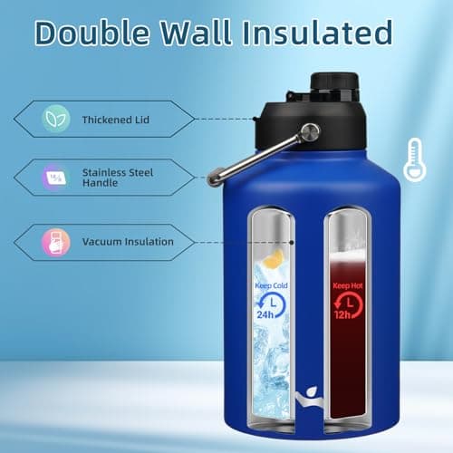 128 oz Insulated Blue Double Wall Stainless Steel Water Bottle with Handle & Pouch