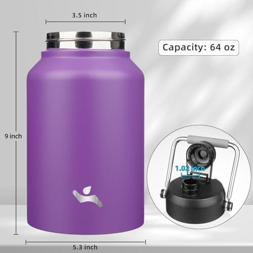 64 oz Insulated Double Wall Stainless Steel Water Bottle with Handle, Purple